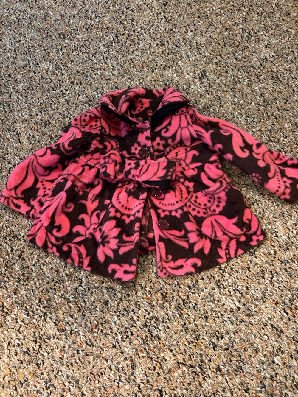 Girls Pink & Brown Floral Fleece Pea Coat - Cozy Kids Jacket